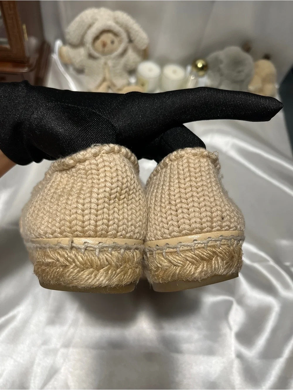 CHANEL Beige Knit Espadrilles with Black Cap Toe and Gold CC Logo